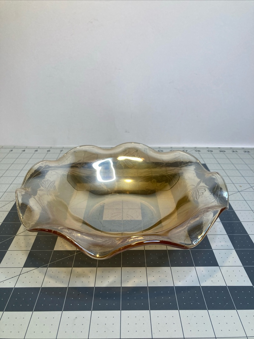 Vintage Jeannette Glass Marigold Iris Carnival Glass Ruffled Amber Bowl
